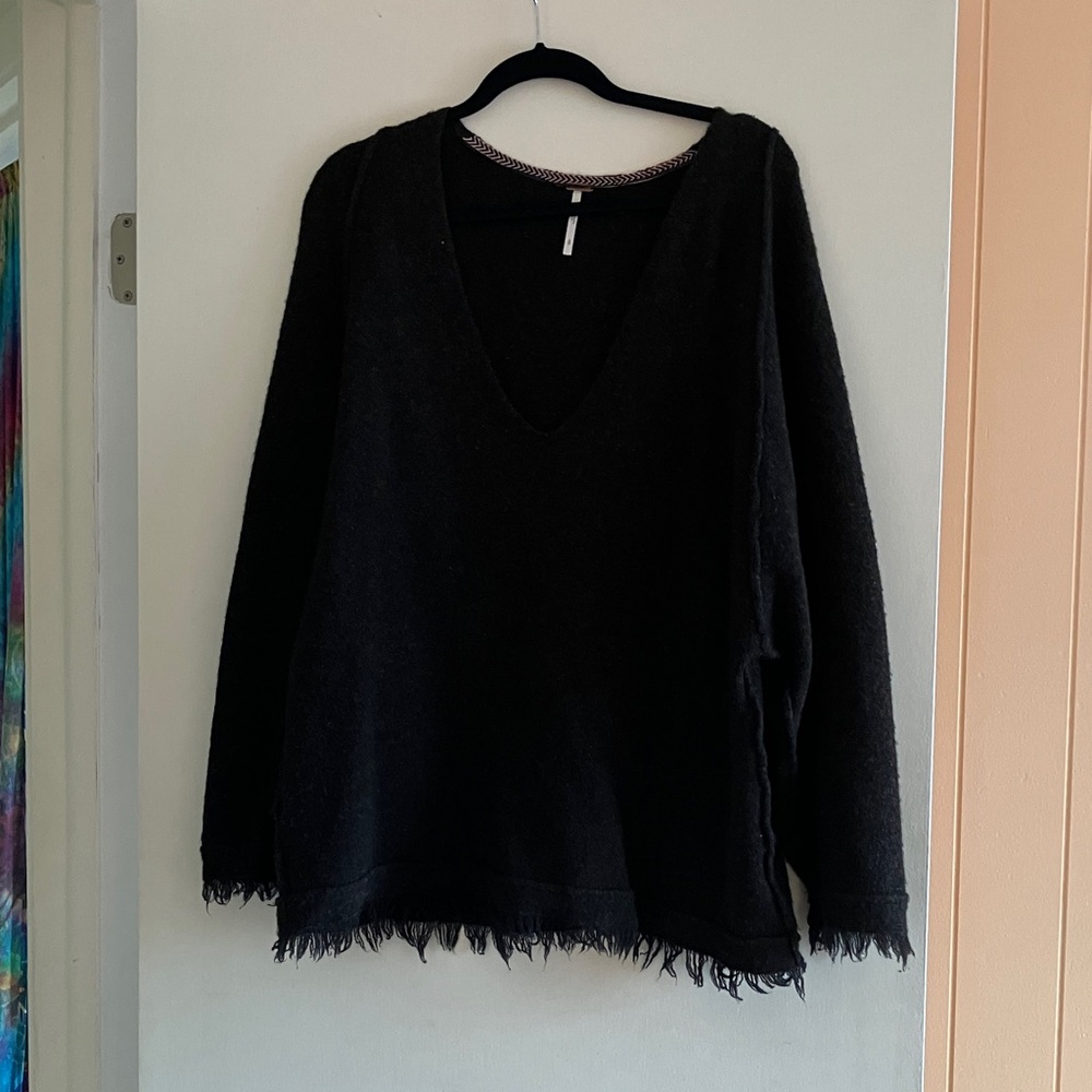 Free People Black V-Neck Fringe Hem Sweater